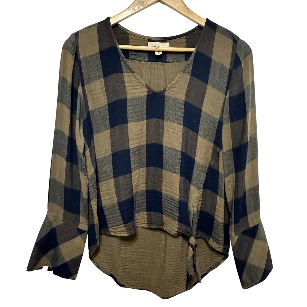 Cloth & Stone Buffalo Check Top Womens XS Bell Sleeve High Low Flannel Fall